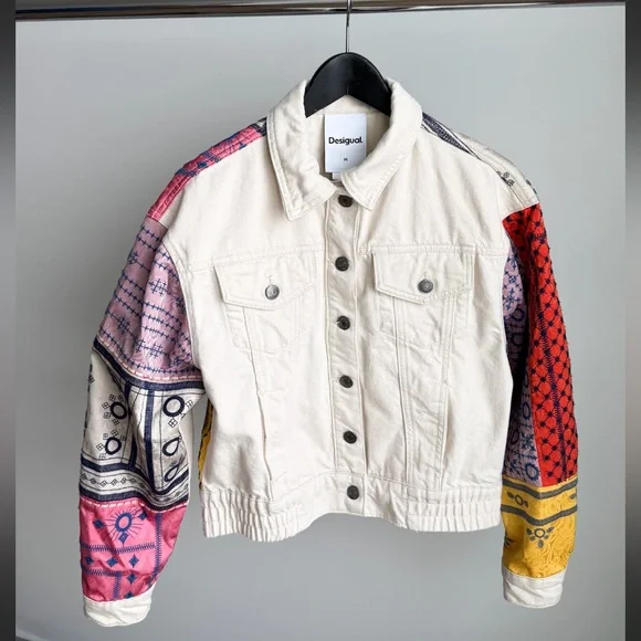 Desigual Julie Patchwork Embroidered Jacket Metallic Boho M Cream Artwear - Picture 2 of 7